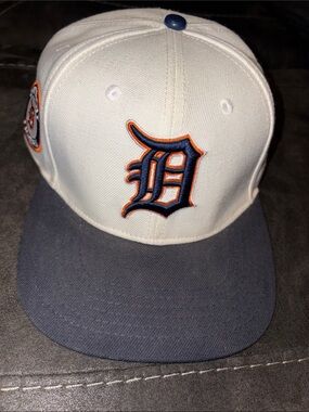 White and Navy Blue Baseball Cap with Detroit D Logo